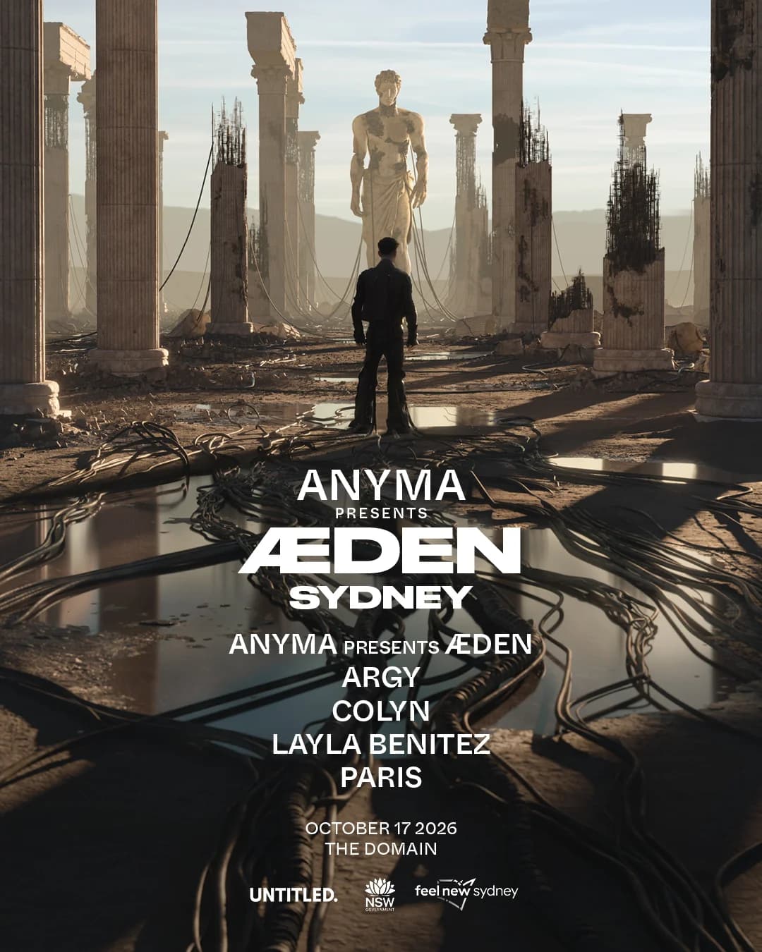 Official Anyma presents Aeden Sydney poster: Anyma, Argy, Colyn, Layla Benitez and Paris at The Domain on 17 October 2026.