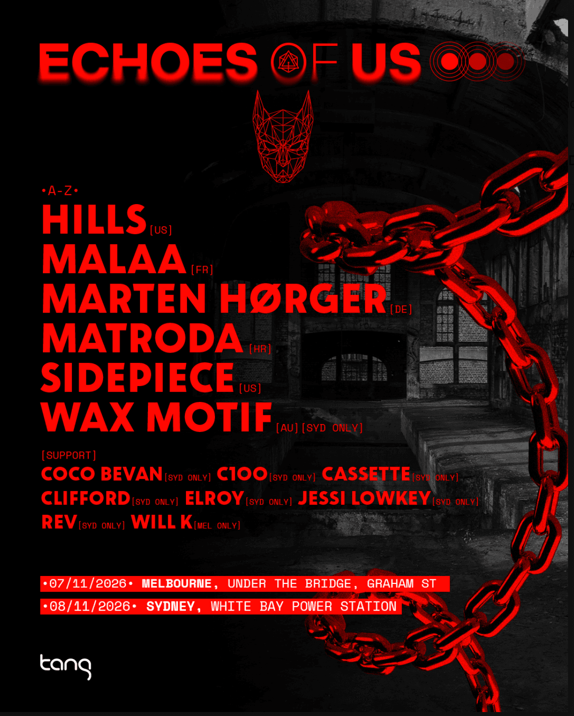 Official Echoes of Us tour poster: six headline artists and Sydney support, White Bay Power Station on 8 November 2026.