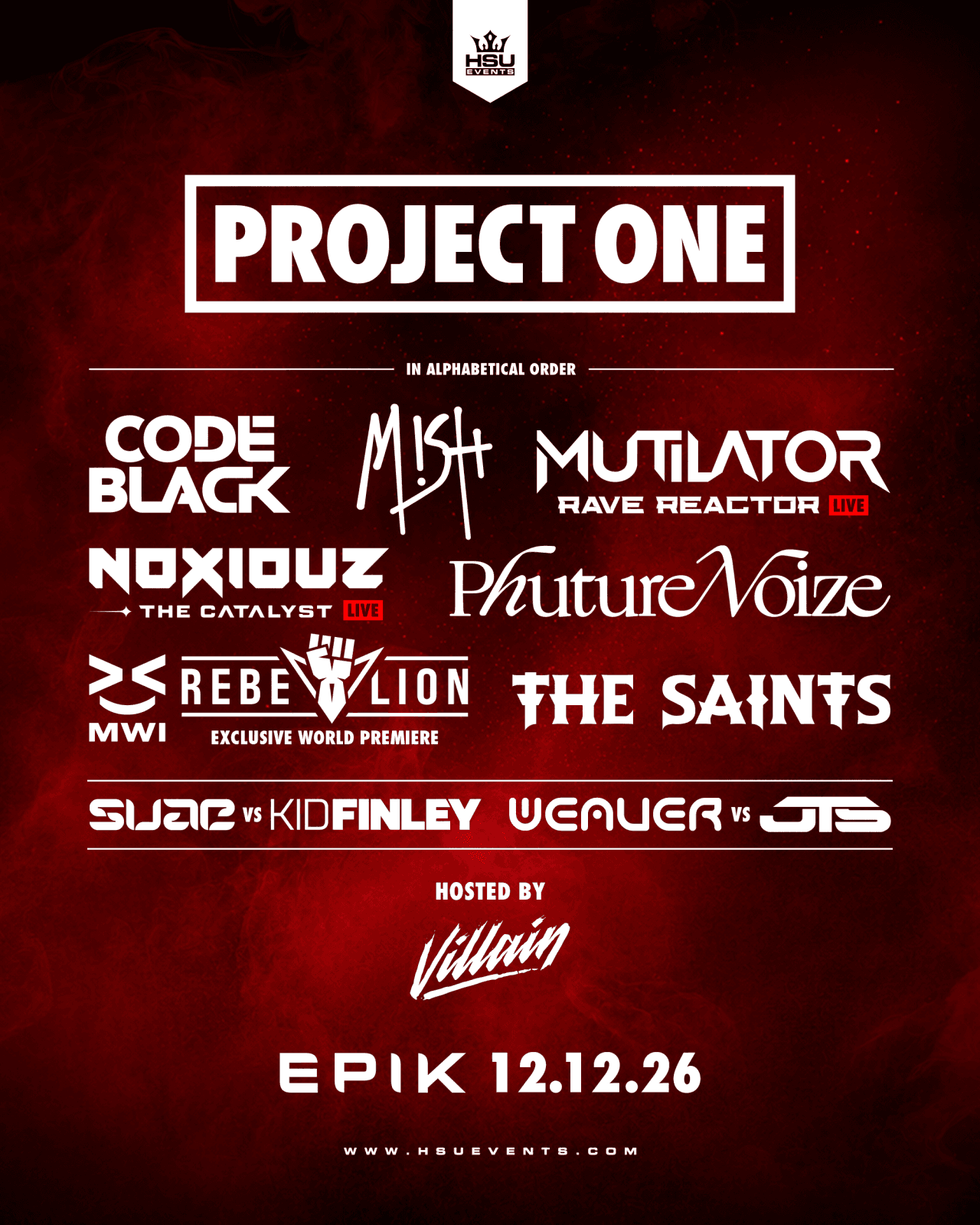 Official EPIK lineup poster for 12 December 2026, headed by Project One and hosted by Villain.