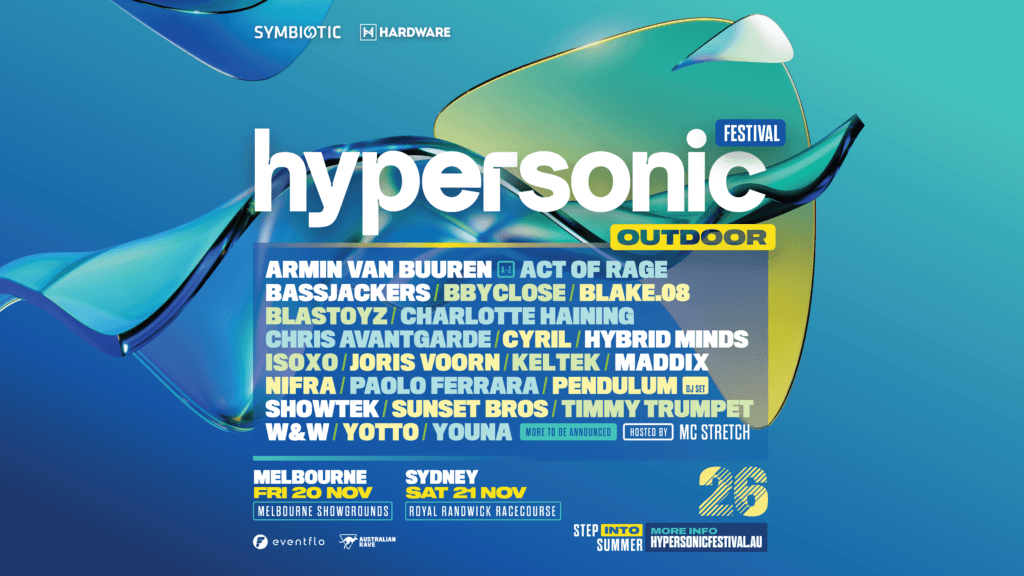 Official Hypersonic 2026 lineup poster, including Sydney at Royal Randwick Racecourse on Saturday 21 November.