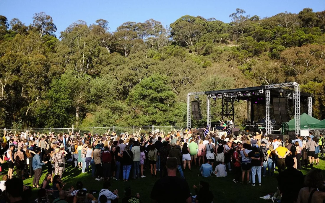 A festival crowd facing an outdoor stage at When Pigs Fly, Collingwood Children's Farm