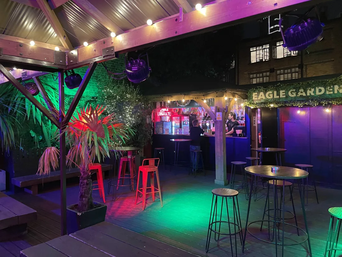 Eagle London's Eagle Garden courtyard bar with stools and string lights