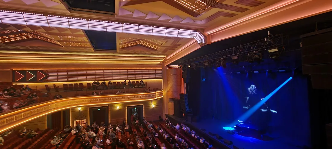 Enmore Theatre art deco auditorium, balcony and lit stage during a show