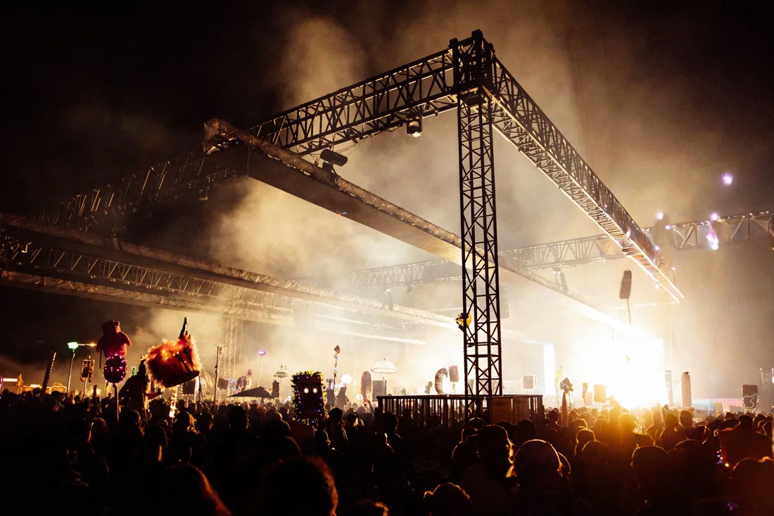 A3 Festival audience beneath illuminated stage trusses at Lardner Park