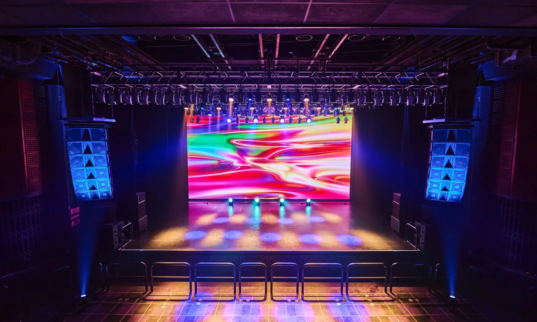 MIDNIGHT EAST main floor and stage with LED wall and PA stacks
