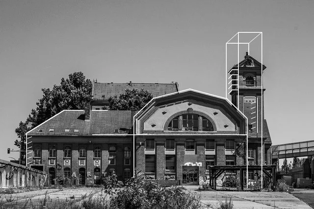OST brick power-station building, black and white with outline graphic