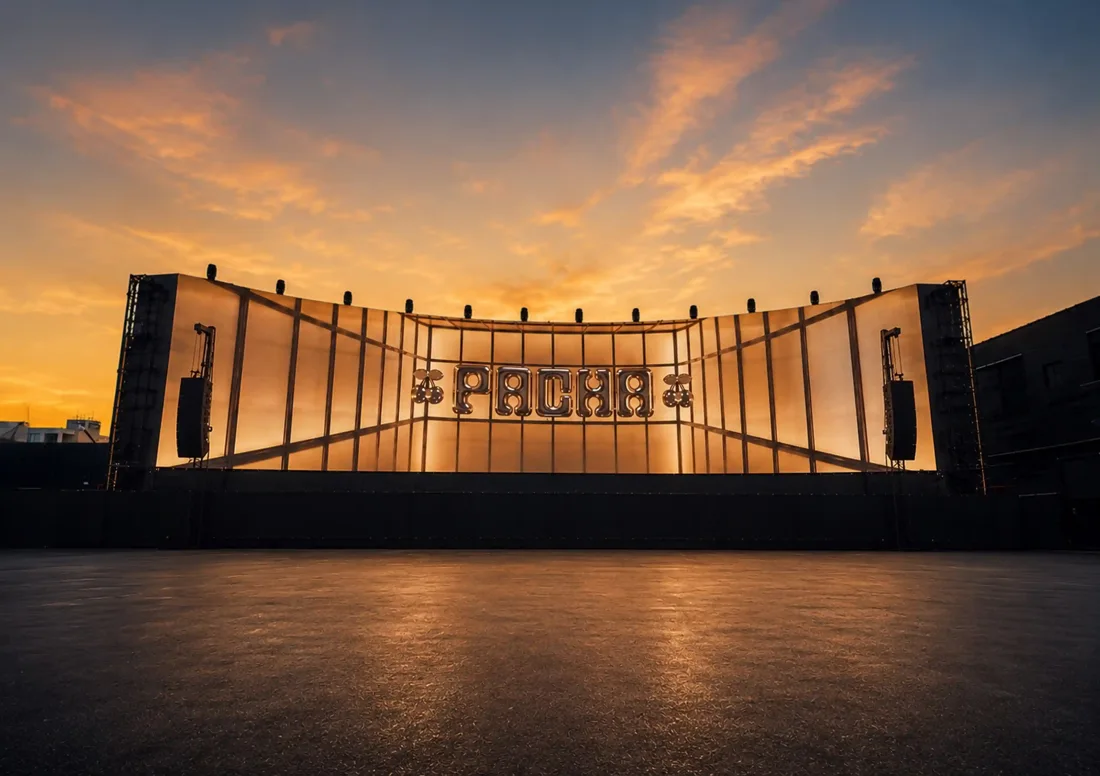 Pacha New York outdoor stage with PACHA letters at sunset