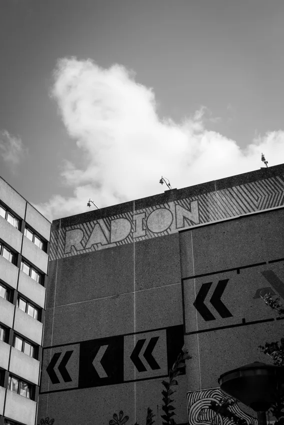 RADION building facade with its painted name, black and white