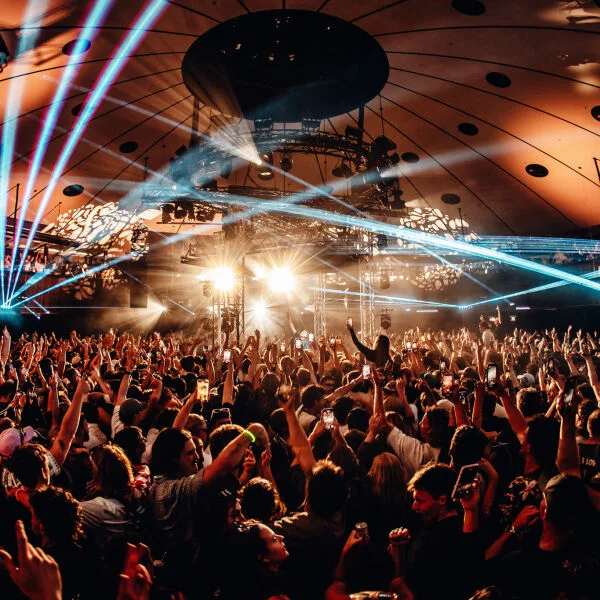 Crowd and lasers at a Sammy Virji show inside UNSW Roundhouse